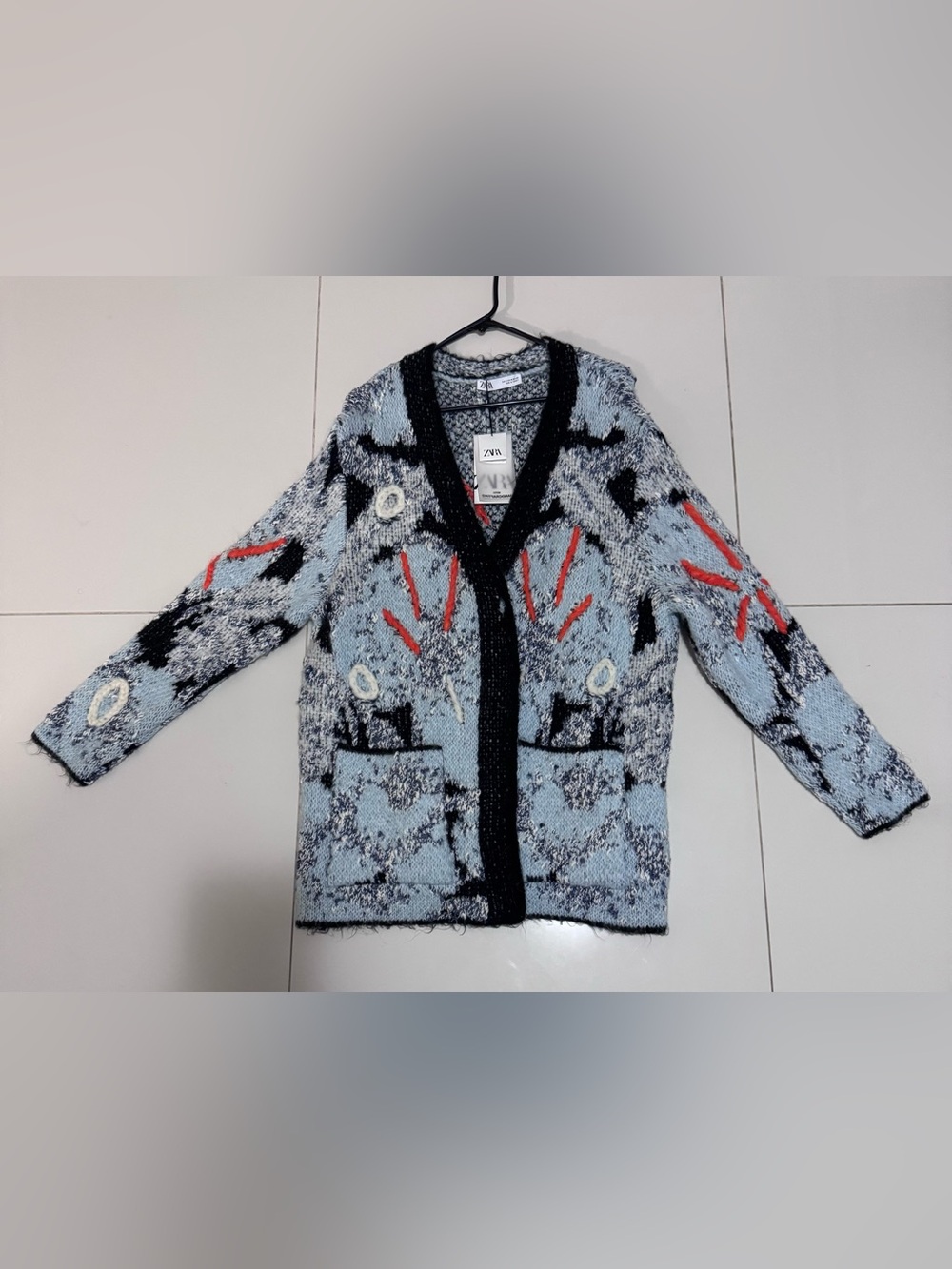 Zara Light Blue Patterned Cardigan with Black Trim
